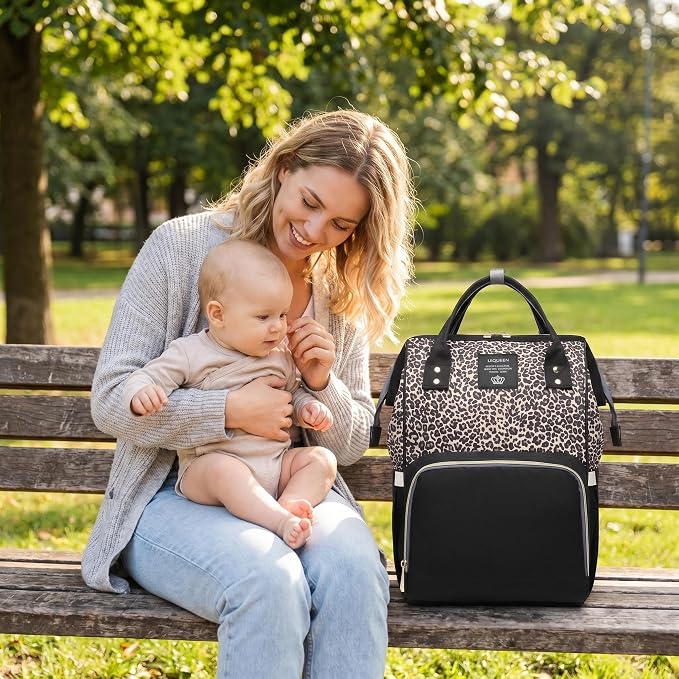 Leopard Print Diaper Bag Backpack Multi-Function Diaper Bag for Baby Care Waterproof Travel Baby Bag for Mom Brown