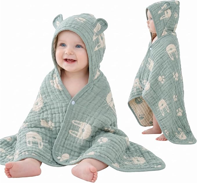 Ultra-Soft Muslin Hooded Towel - 55 x 28 Inches, Made with Organic Cotton, Soft Sage Green Bunny Jacquard with Chest Snap, Ideal for Bath & Beach, for Kids Aged 0-3