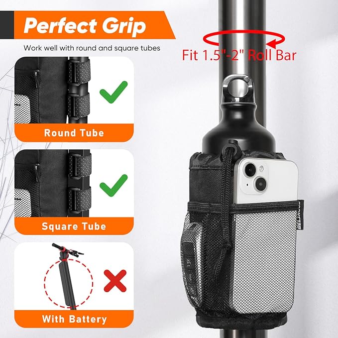 Belinous Bike Cup Holder for 8-24oz Bottles, Scooter Water Bottle Holder for Walker Wheelchair UTV Golf Cart and Boat, e-Bike Drink Holder with Net Pockets and Hook and Loop Straps
