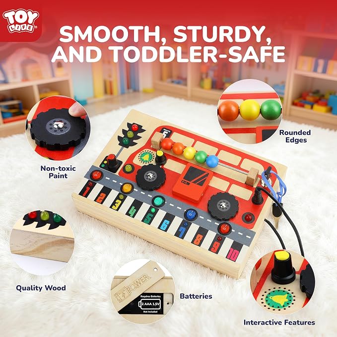 TOY Life Toddler Montessori Busy Board, Wooden Bus Sensory Board Toys with LED Light Up Switchs, Baby Busy Fidget Boards Travel Toys, Easter Birthday Gifts for 1+ Year Old Kids Girls Boys