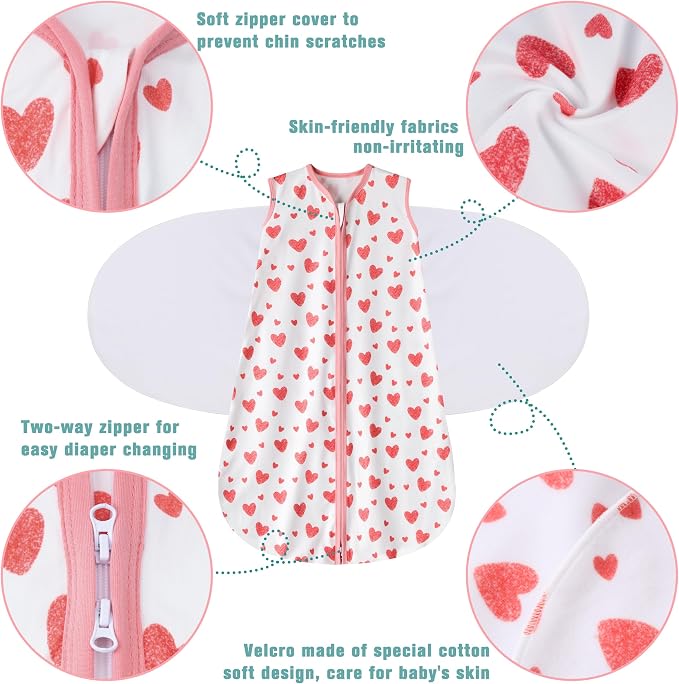 BSTOPPT Newborn Sleep Sack Baby Swaddle,Swaddle me 6-12 Month,3-Way Adjustable Wearable Blanket,100% Rayon Cotton Swaddling Sleeping Bag，TOG 0.5 (Love, 6-12 Months)