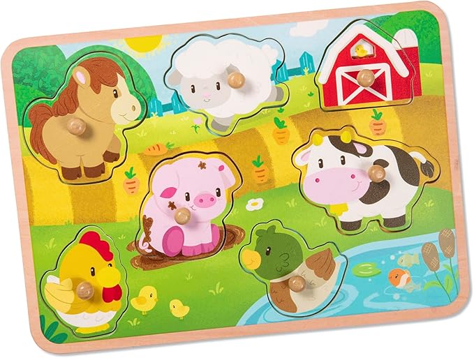 Battat – Farm Animals Wooden Peg Puzzle Educational Toy for Toddlers – Fine Motor Skills Development Colorful Farm Life Play Set – 2+ Years