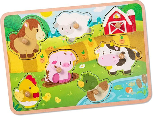Battat – Farm Animals Wooden Peg Puzzle Educational Toy for Toddlers – Fine Motor Skills Development Colorful Farm Life Play Set – 2+ Years