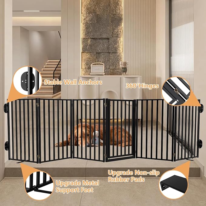 Full Metal Freestanding Dog Gates with Door, 36" Height Dog Fences for Indoor & Outdoor, Extra Wide Foldable Pet Gates for Stairs, Hallways, Doorways, Yard (6 Panels, 120" W × 36" H)
