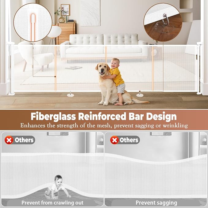 120" Retractable Baby Gate Extra Wide, 41" Tall Retractable Dog Gate for Stairs, Doorways, Decks, Mesh Gate Long Child Gate Pet Gate for Indoor, Outdoor, with Reinforced Mesh Rods, Dual Locks
