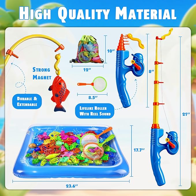 CozyBomB??Magnetic Fishing Toys Game Set for Kids | Water Table Bathtub Kiddie Pool Party Pole Rod Net, Outdoor Plastic Floating Fish, Toddler Bath Color Ocean Sea Animals Birthday Gift Age 3-5 6 4-8