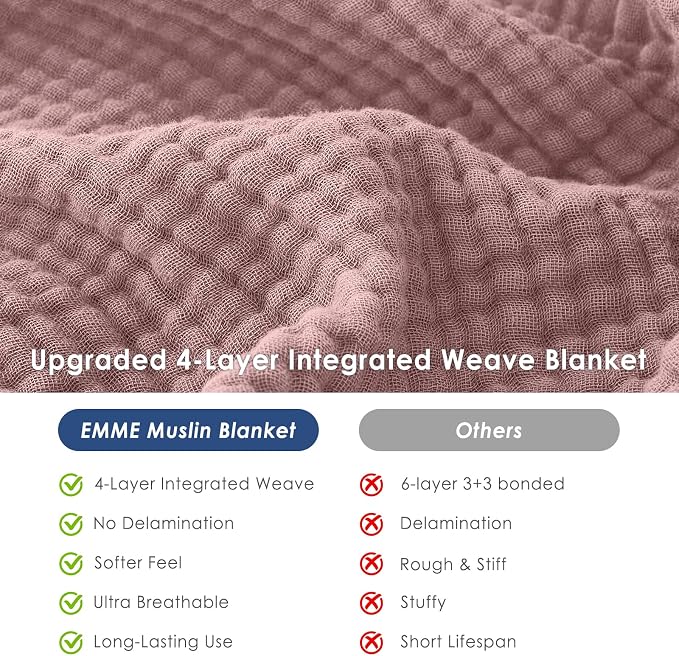EMME Cotton Blanket King Size for Bed Soft Muslin Blankets Lightweight Breathable Layering Bedspread Coverlet All Season Gauze Blanket, Light Tan (Dusty Pink, 108"x90")