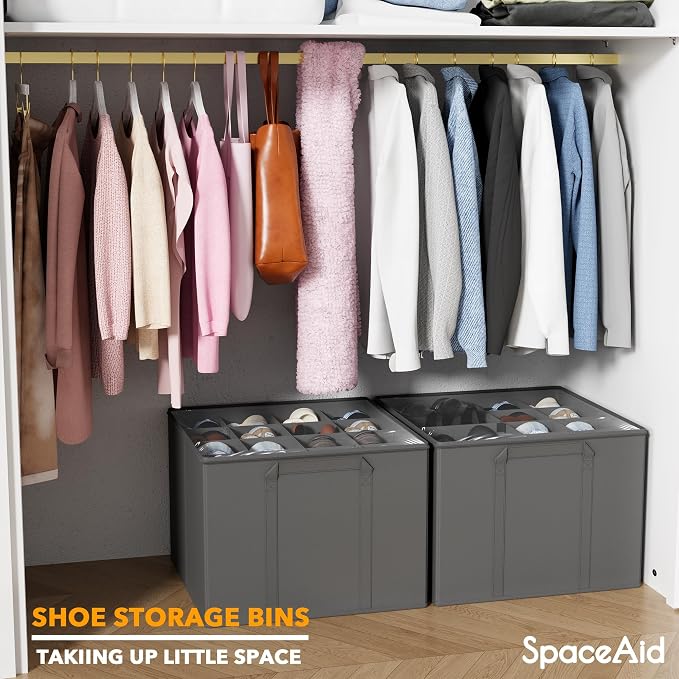 SpaceAid Shoe Organizer for Closet, 2 Pack Foldable Shoe Storage Containers Baskets Boxes Bins w/Adjustable Dividers, Fits 16-32 Pairs, Grey