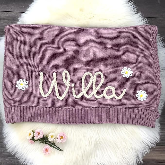 Luxury Personalized Name Baby Blanket, Hand-Embroidered Name Baby Blanket, Soft Breathable Cotton Knit Kids Blankets, Newborn Kid Gift, New Mom Gifts, Newborn Kids Girl & Boy Gift 11