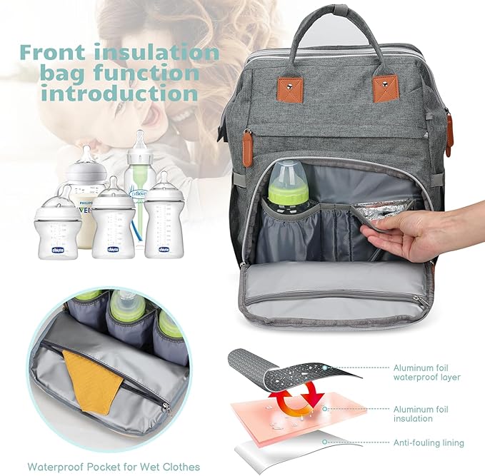 Diaper Bag Backpack for New Parents, Large Capacity Baby Travel Bag with Bottle Holders, Multiple Compartments (Grey)