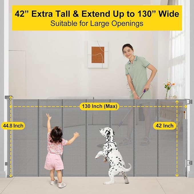 Reinforced 42??Tall x 130??Extra Wide Retractable Dog Gate Extra Tall Pet Gate with Rods to Prevent Crawling Through, Long Baby Gates for Dogs Child Safety Gate Mesh Dog Gate Indoor Outdoor, Gray