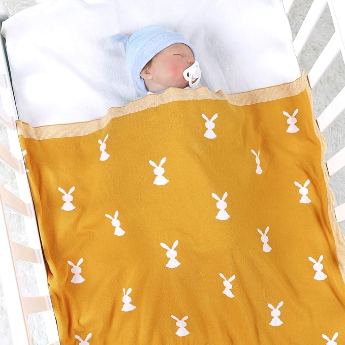 LAWKUL Baby Wrap Blanket Soft 100% Cotton Baby Blanket Knit Crib Receiving Blanket with Bunny Pattern Swaddle Cute Blanket for Babies Boy and Girl in Easter Size 40 * 30 Inches
