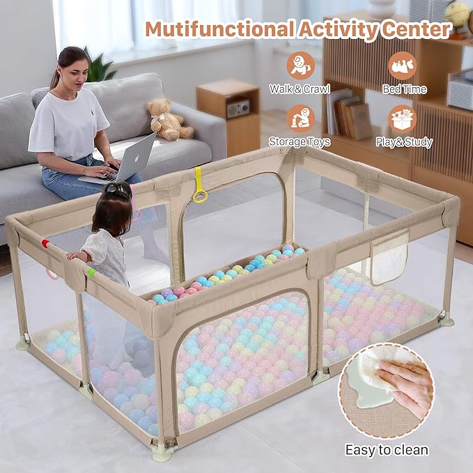 Dripex Large Baby Playpen 71"x47", Big Play Pens for Babies and Toddlers- Indoor & Outdoor Kids Safe Play Area, Soft Breathable Visible Mesh, Anti-Fall & Anti-Slip Design Baby Fence, Khaki