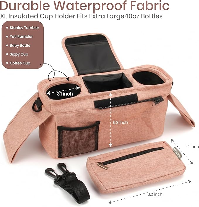 Pink Universal Stroller Organizer with 2 Insulated Cup Holders, 3-in-1 Stroller Caddy with Detachable Phone Bag & Non-Slip Shoulder Strap, Fits Uppababy, Nuna, Doona, Baby Essentials