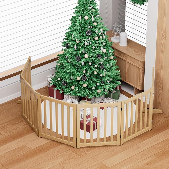 Wooden Freestanding Foldable Dog Gate, 24 Inch Height 6 Panel Pet Gate No Drill for Doorways Stairs, Fully Assembled Indoor Puppy Fence (Wood Color, 120" W x 24" H)