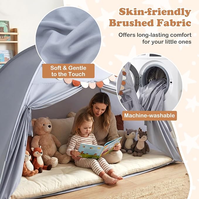 Costzon Toddler Bed Tent, Twin Size Indoor Canopy Tent for Kids w/ 2 Windows, Flag Banner, Brushed Fabric Privacy Playhouse, Portable Play Tent for Bunk Bed, Playroom, Suits 3+ Boys & Girls (Grey)