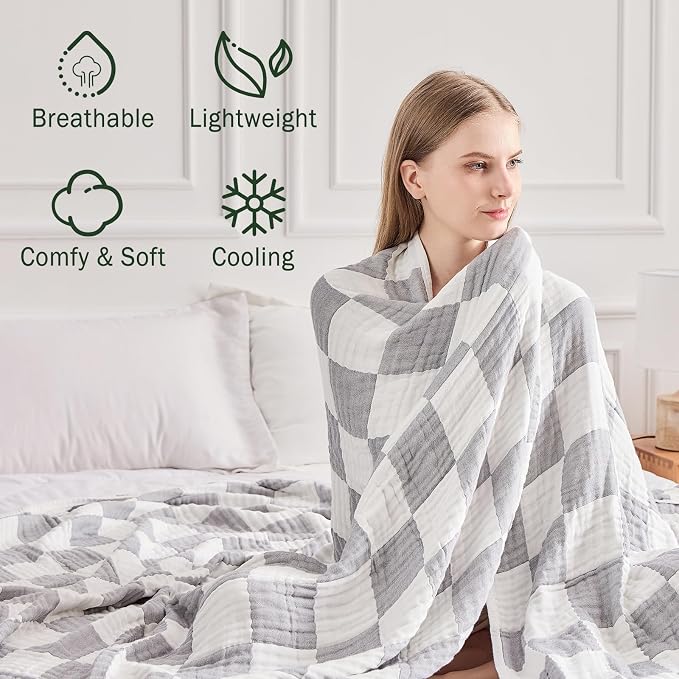 EMME Cooling Muslin Twin XL Blanket - Checkered Lightweight Summer Cotton Blanket of Rayon Derived from Bamboo for Hot Sleepers, Ultra Soft Breathable Gauze