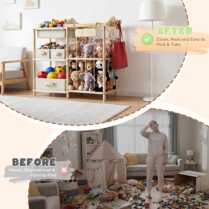 Kids Toy Organizers and Storage with 4 Toy Bins - Stuffed Animal Zoo Holder with 2 Hooks - Large Capacity Playroom Organization - Plush Storage for Toddler & Living Room
