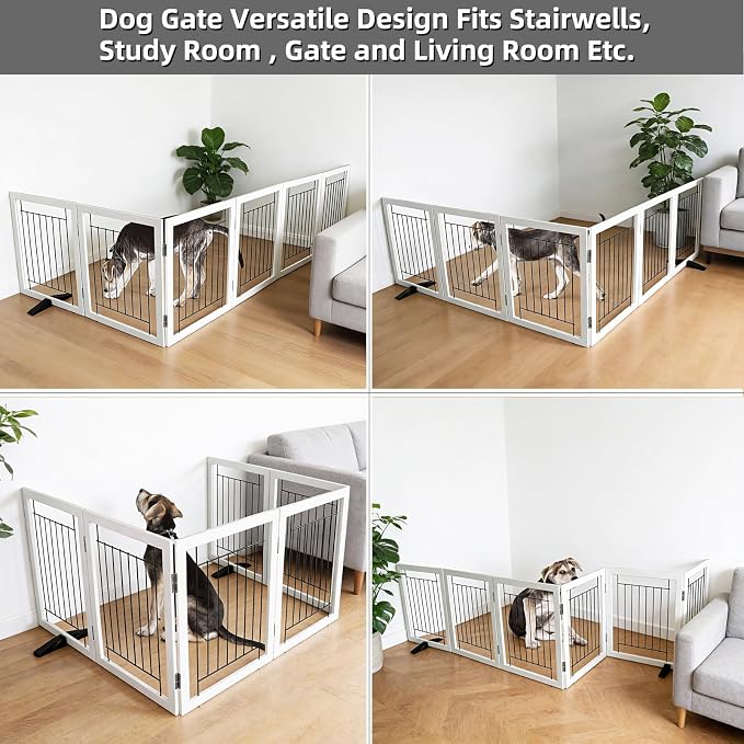 Dog Fence Indoor - 6-Panel Freestanding Dog Gate for Doorways, Hallways, House or Stairs -120x32-Inch Retractable Foldable Expandable Wood Pet by SFJC (White)