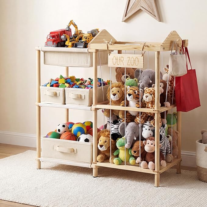 Kids Toy Organizers and Storage with 4 Toy Bins - Stuffed Animal Zoo Holder with 2 Hooks - Large Capacity Playroom Organization - Plush Storage for Toddler & Living Room