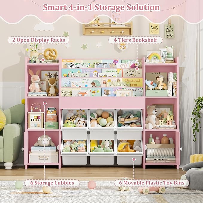 FINETONES Toy Storage Organizer with 6 Toy Bins, Toy Organizer Kids Bookshelf with 6 Cubbies, Toy Organizers and Storage Bins, Playroom Storage and Toy Chest, Pink