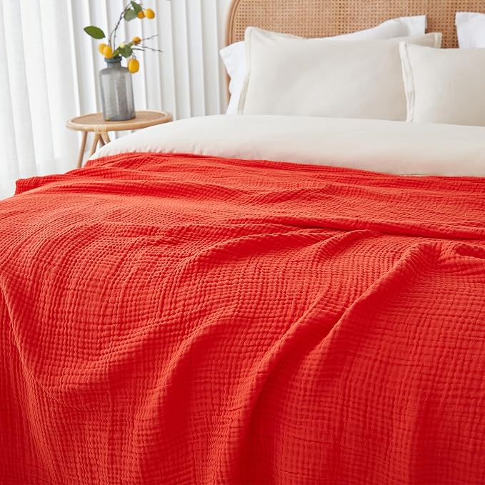 EMME Cotton Muslin King Blanket Bed Layering Breathable Gauze Blanket Soft Lightweight Blankets Adults (Orange Rust, 108"x90")
