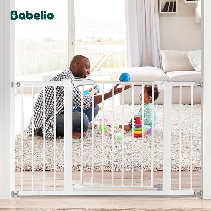 BABELIO Metal Baby Gate, 5.5inch (14cm) White Extension, Extra Wide Baby Gates for Stairs & Doorways, Pressure Mounted Walk Thru Child Gate with Door, NO Need Tools NO Drilling,28" Tall