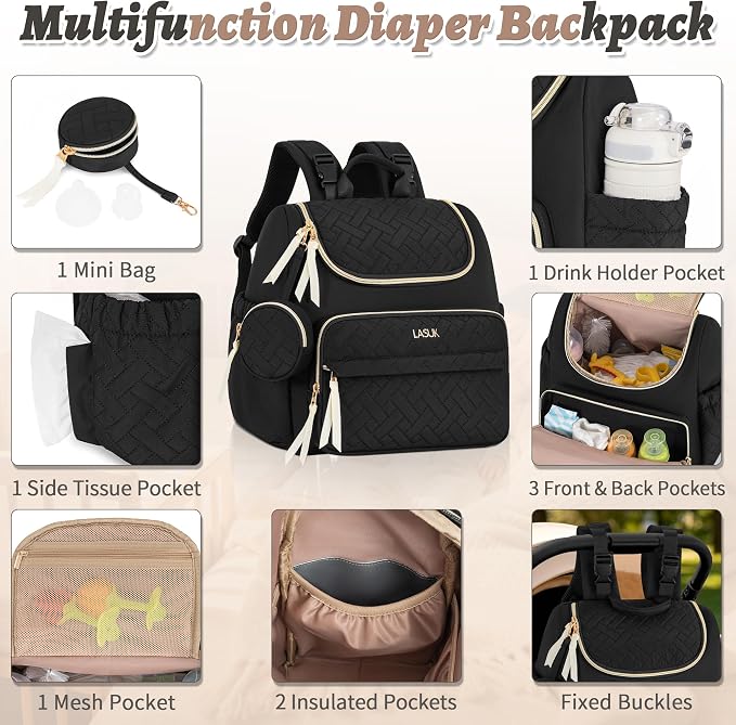 Diaper Bag Backpack, 22L Large Quilted Small Baby Bag with Changing Pad & Pacifier Case, Stroller Hooks, Easy-Access Baby Essential, Maternity Travel Backpack Unisex, Black