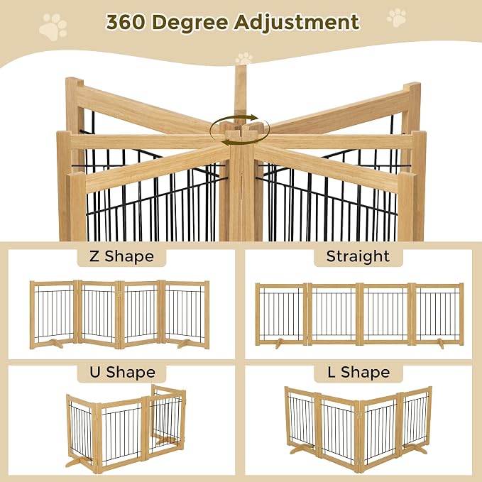 Acovy Wire Dog Gate Solid Wood Frame, Anti-Chewing, 4-Panel, 24" Height, 80" Width, Indoor Freestanding Pet Gate Foldable Wooden Dog Fences for Stairs, House, Doorway, Oak Color