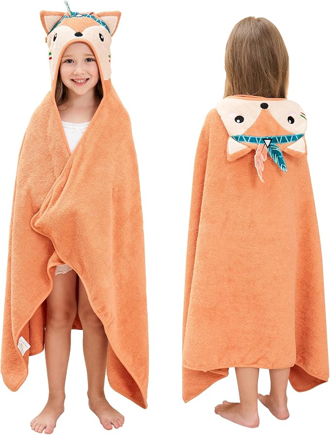 Style Quarters Baby Bath Towel - 100% Cotton Terry Soft Hooded Towel Cartoon Fox Baby Beach Towels Super Absorbent Large Embroidery Kids Hooded Bath Toddler Towel with 50"x30"(Orange Fox)