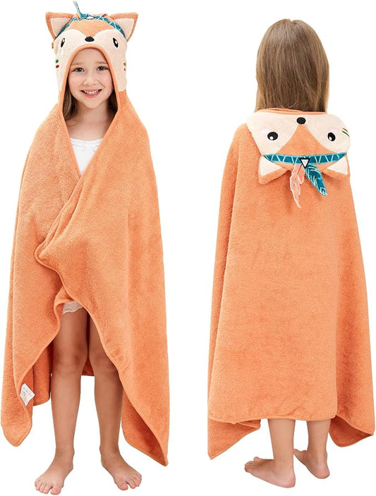 Style Quarters Baby Bath Towel - 100% Cotton Terry Soft Hooded Towel Cartoon Fox Baby Beach Towels Super Absorbent Large Embroidery Kids Hooded Bath Toddler Towel with 50"x30"(Orange Fox)