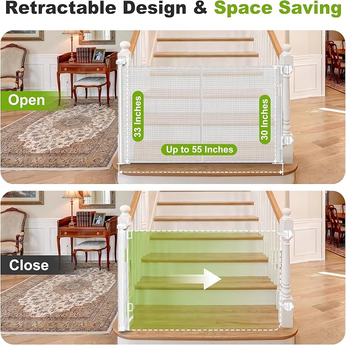 Reinforced Retractable Baby Gate for Stairs & Banister, 55" Wide Mesh Dog Gate, One-Handed Dual Lock Safety Gate for Kids & Pets, Fits Round & Square Posts (White)