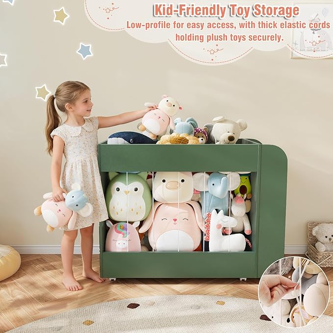Wooden Kids Bookshelf, Toy Storage Organizer with Drawing Chalkboard and Stuffed Animal Organizer, Kids Toy Box with 4 Wheels for Kids Room, Playroom, Nursery, Classroom, Green