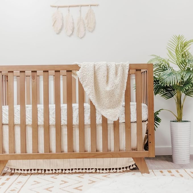 Crane Baby Oatmeal Boho Knit Blanket, Soft Cotton Nursery and Stroller Blanket, 100% Cotton, 30" x 40"