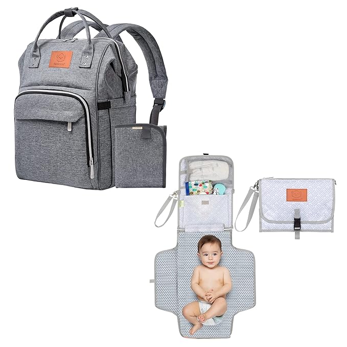 KeaBabies Diaper Bag Backpack with Portable Diaper Changing Pad - Waterproof Multi Function Baby Travel Bags - Grey PVC Changing Mat