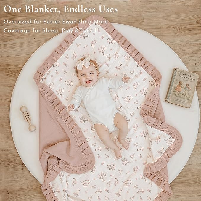 Konssy Flounce Muslin Baby Blanket for Girls Boys 47 x 47 Inches, 100% Cotton Soft Crib Swaddle Blankets, Reversible & Breathable Nursery Bedding for Newborns Toddlers(Petal Dream)