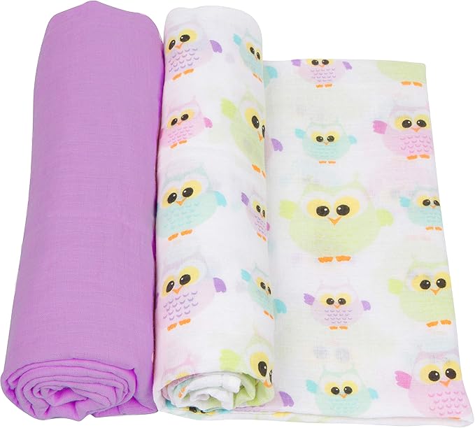 Miracle Blanket Soft Muslin Swaddles Newborn Nursery Sleep Essential - Pack of 2 Warm Wraps (Colorful Owls)