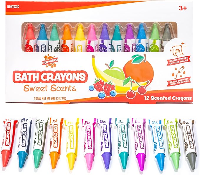 Tub Works® Sweet Scents Smooth??Bath Crayons Bath Toy, 12 Pack | Nontoxic, Washable Bath Crayons for Toddlers & Kids | Unique Formula Draws Smoothly & Vividly on Wet & Dry Tub Walls | Scented Crayons