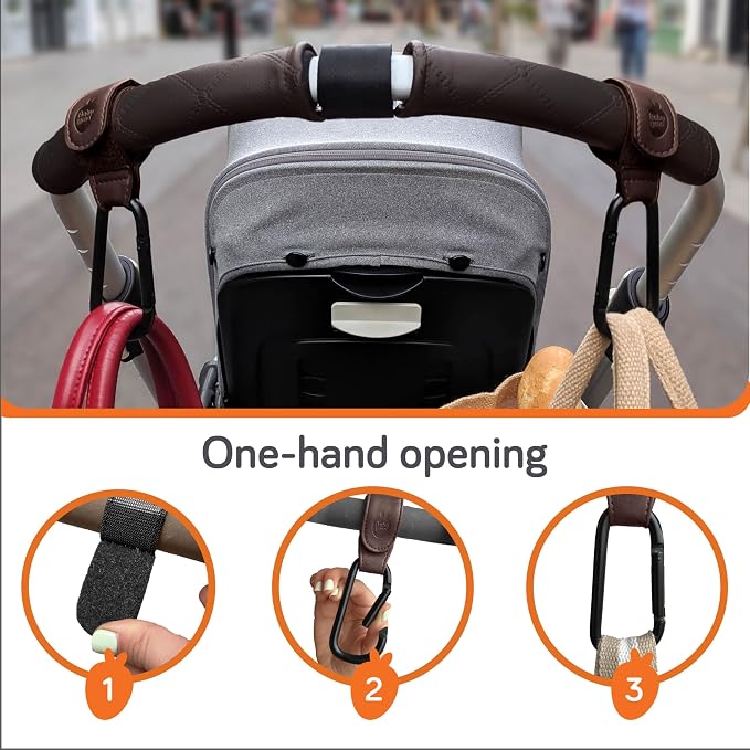 Baby Uma Stroller Hooks for Bags (2 Pack) - Leather-Style Stroller Clips and Hooks, Non-Slip Stroller Accessories, Carry 11 lbs Per Stroller Hook, Universal Baby Essentials & Stroller Accessories