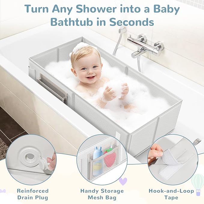 Collapsible Baby Bathtub, Foldable Toddler Bath Tub with Chick Pattern Bath Rinse Cup, No Assembly Portable Travel Bathtub for 6M-5Y, Ideal for Shower, Travel Essentials & Baby Registry Gift