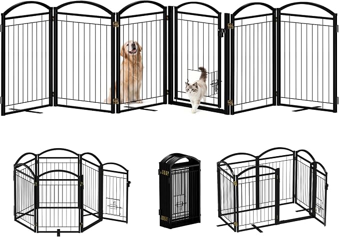 Metal Freestanding Dog Gate with Cat Door for Indoor & Outdoor,30" Tall Foldable Dog Fence,120" Extra Wide Freestanding Pet Gate for Large Openings,RV Camping,Stairs,Deck,Yard,Doorways(6 Panels,Black)