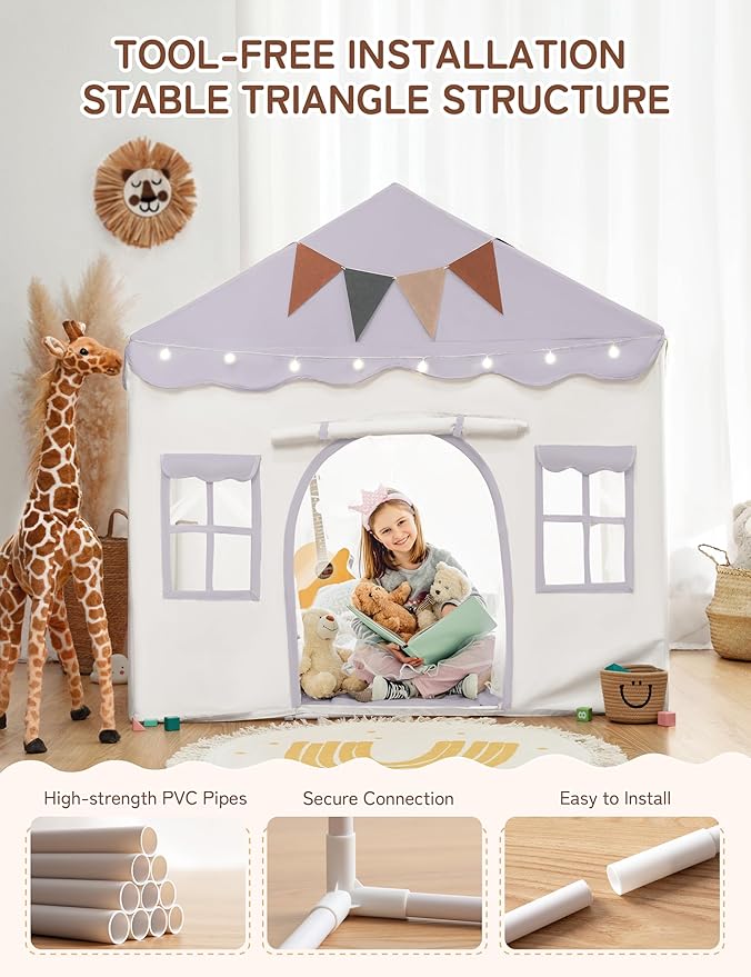 Besrey Kids Play Tent 2 in 1 with Padded Mat and Lights, Large Kids Playhouse with 2 Doors & 4 Windows, Indoor & Outdoor, Christmas Toddler Tent, 51" x35" x 51" (Purple)