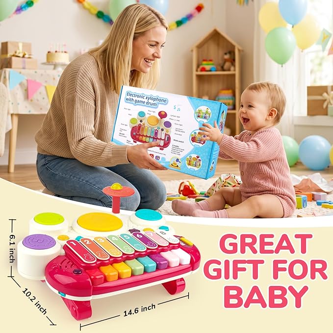 3 in 1 Musical Toys for Toddlers 1-3 Piano Xylophone Drum Set Toys for 1 2 3 Year Old Girls Birthday Music Instruments Baby Learning Developmental Sensory Toys Toddler Toys Age 1-2 2-3