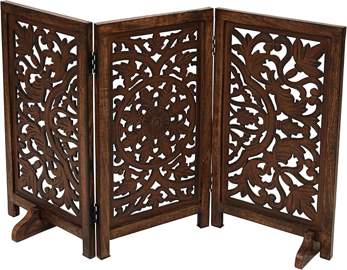 Freestanding Pet Gate for Dogs, Foldable Wooden Dog Gate for House, Indoor Dog Gate for Stair, Doorway, Circle Design Gates for Dogs Indoor, 48 Inch Wide, (16" x3 Panels =48 inch), Burnt Finish