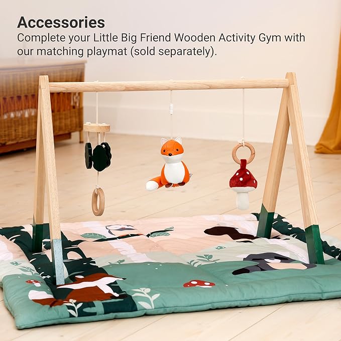 Little Big Friends Wooden Baby Activity Gym ??Montessori Play Gym for Babies | Encourages Motor Skills & Sensory Development | Includes Crinkle Fabrics, Wooden Chimes & Hanging Toys ??Forest