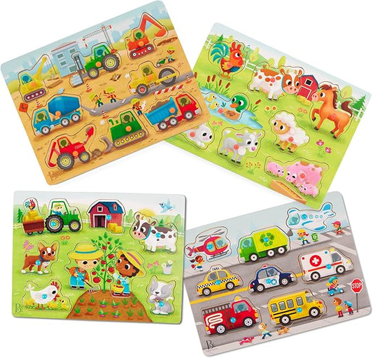 B. toys – Peek & Explore Puzzle 4 – Pack – Wood Toys for Toddlers, Kids – 8 Pieces Each – Vehicles, Trucks, Animals, Barnyard – 2+ Years