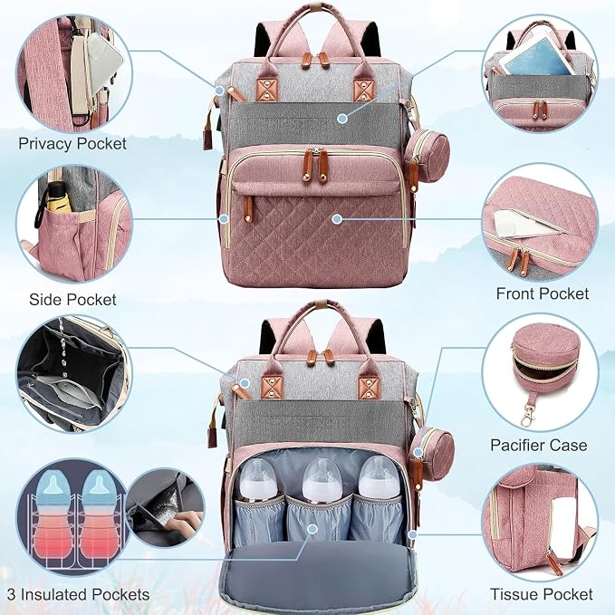Black Diaper Bag Backpack, Multifunctional Waterproof Mommy Bag with Changing Pad, USB Port, Stroller Straps, Large Capacity Baby Travel Bag (dusty pink)