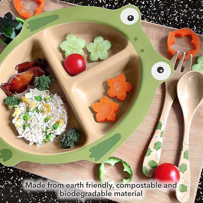 Nuby Eco-Friendly Natural Rice Husk Spoon and Fork Set- 2 Piece Set, Frog Print, 6+ Months- Fully Compostable and Biodegrable (Pack of 2)