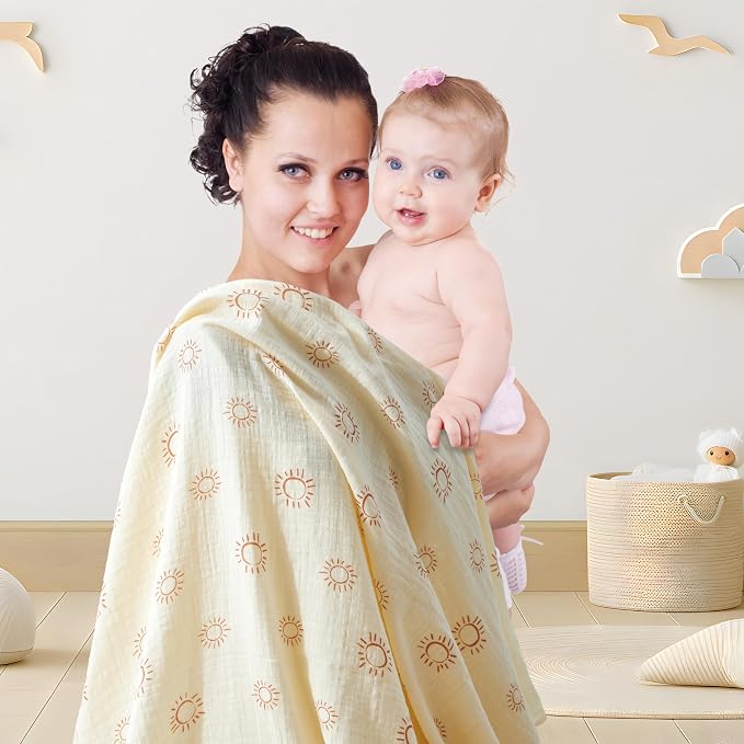 3-Pack Muslin Swaddle Blankets 47x47-100% Cotton Breathable Receiving Blankets for Newborn Baby, Soft Swaddling Wraps, Sunny Elephant Parade