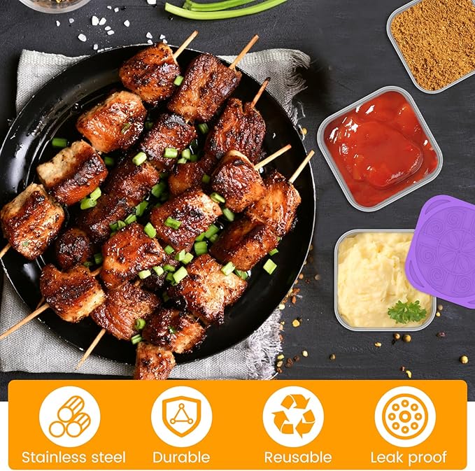 6 Pcs Stainless Steel Sauce Containers,2oz Metal Mini Snack Food Store Box Containers and Silicone Lids, Reusable Small Portable Boxes, Dishwasher Safe for Daycare School Office Travel, Leakproof